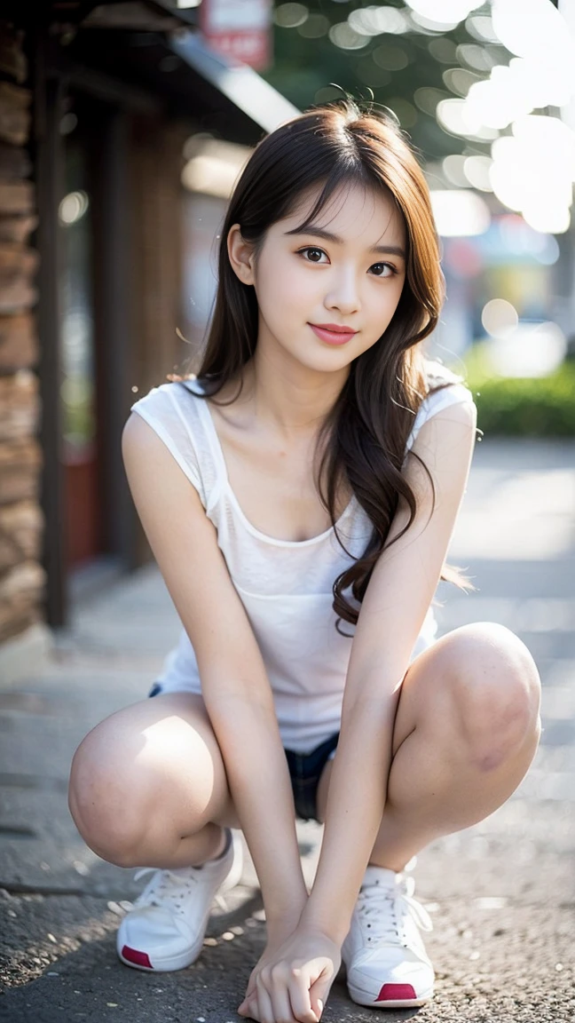  (masterpiece, top quality, best quality,1girls,Korean, beautiful face, smile, long hair, 19 years old, Tank top, shorts, White shoes, hills, full body view, sunset，Bangs to eyebrows、Beautiful brown hair、Beautiful and delicate eyes、Brown eyes、Raise an eyebrow、High Nose、Small nostril、Little mouth、Tempting lips、Mouth slightly open、Beautiful breasts、Full body、Oval face, Both eyes, Both eyes皮, Long eyebrows, Long eyelashes, A faint smile, Chest 32 inches,The face is good, Perfect proportion、Perfect Anatomy、Perfect composition、Beautiful and detailed shadows、beautiful natural light、beautiful detailed glow、Depth of Field，