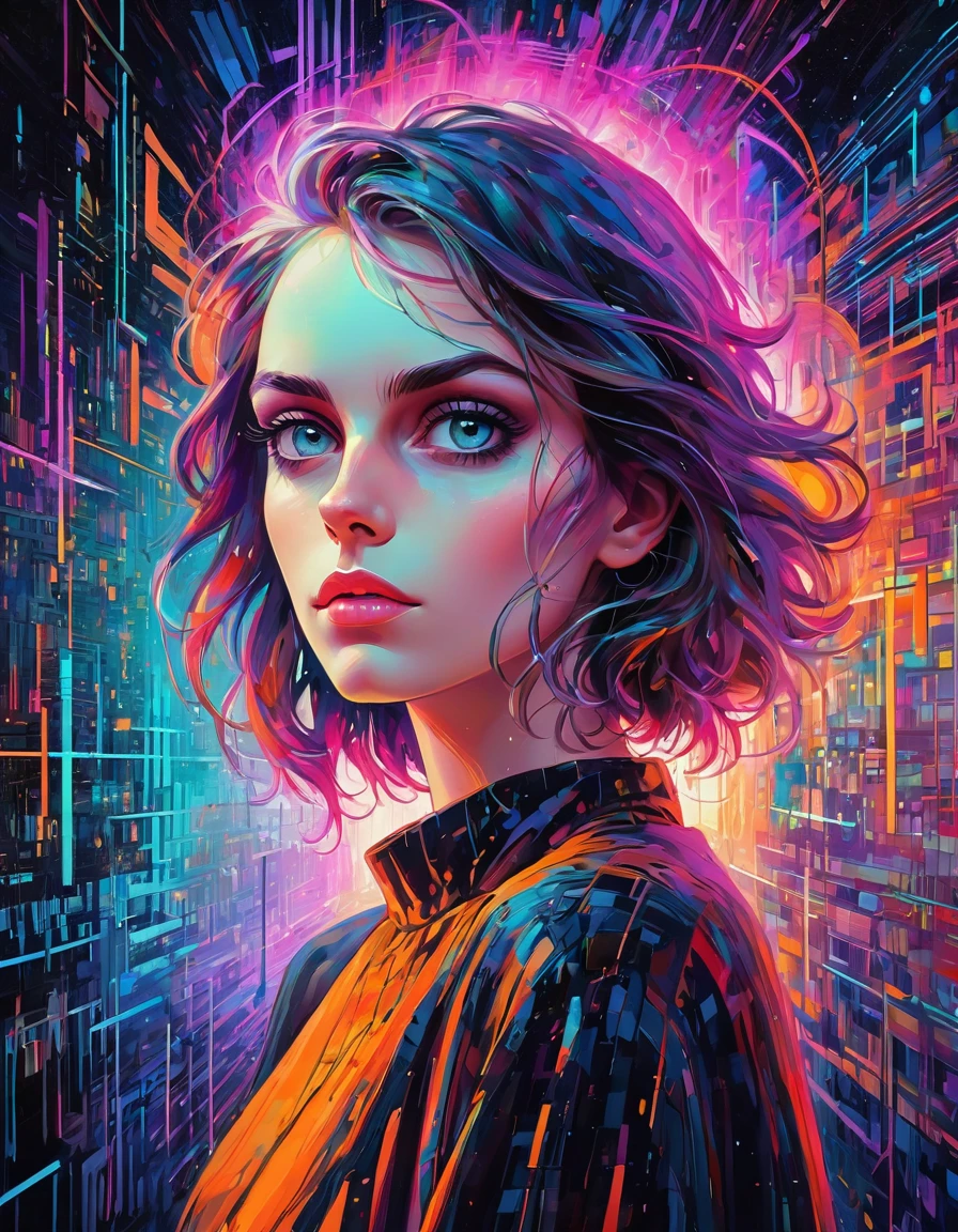 oil on canvas, muse of digital generative art, divine supernatural being, otherworldly beauty, unperturbed, in the background there is an abstract motif of digital code and glitch aesthetics., it appears from the void of diffusion, filled with photon energy, thick textured paint, neat style of writing, confusingly detailed, A true masterpiece, 8 k, HDR, bright neon colors combined with pastel tones, Minimalist, Atmosphere of the 80s, Scenic quality