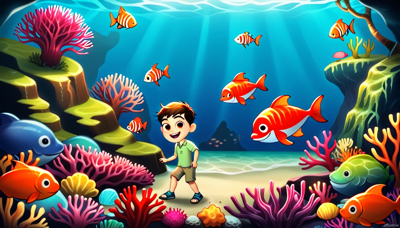 Create a 3-D Pixar style art scene for kids featuring a whale eating krill with lots of tiny shrimp-like creatures around it. The scene should be colorful and vibrant, with an ocean background, coral reefs, and schools of fish. The overall mood should be engaging and inviting for children.
