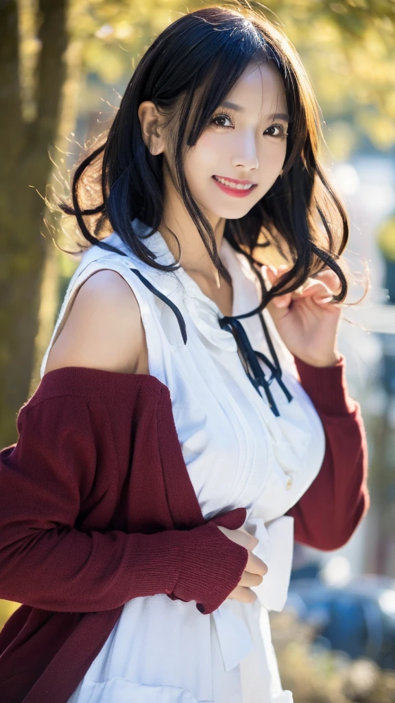 1 girl, national foundation, (hotel background), ((32k, raw, masterpiece: 1.5)), (Professional photography, sharp:1.2), Perfect dynamic composition, (Natural sun light), (soft shadow), (((voluptuous figure))), ((huge round breasts: 1.5)), (((((black long curly hair))))), Ultra-detailed faces and skin, perfect asian, White skin, (Delicate skin:1.4), (latex skin:0.4), (perfect glowing skin:0.6), light brown eyes, beautiful eyes, round eyes, pretty face, blush, glossy lips, glossy eyes, Perfectly proportioned face, Really moist skin, Refined expression, (((huge smile at the camera))), looking at camera, Refined expression, Elegant necklace, Elegant earrings, minimalist, kato megumi, solo, cos play, short hair, bob cut, jacket, blunt bangs, serafuku, socks, loafers, sailor dress, neck ribbon, long sleeves