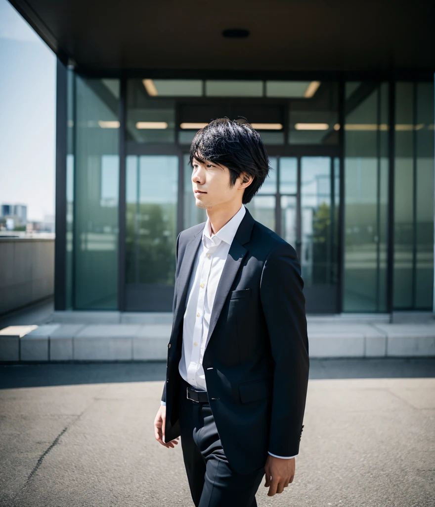 Realistic photos、A 27-year-old Japanese man walking in a suit, his face not visible.、Not looking at the camera、