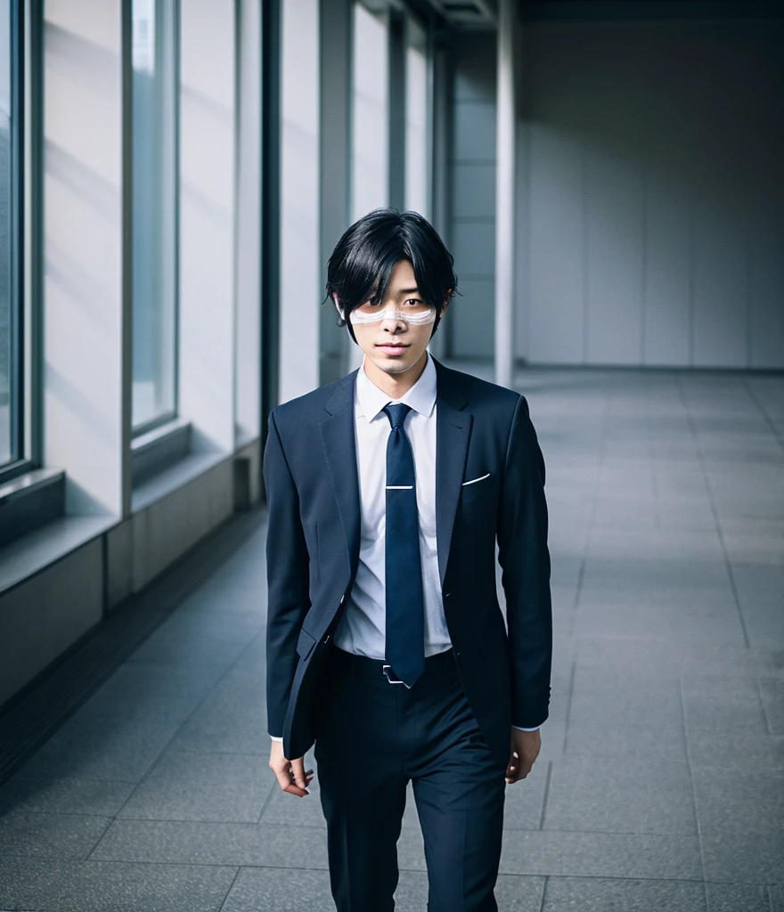 Realistic photos、A 27-year-old Japanese man walking in a suit, his face not visible.、Not looking at the camera、