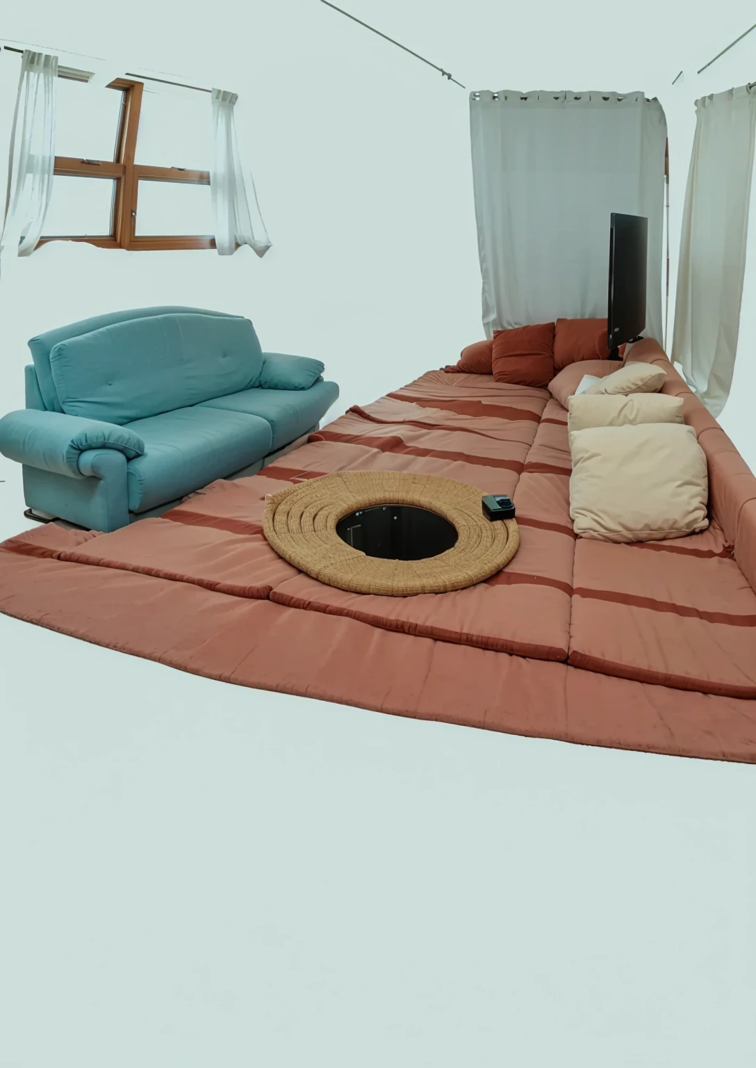 a living room with a 3-seater sofa ,a round rug, a TV and a window with an ultra realistic white curtain