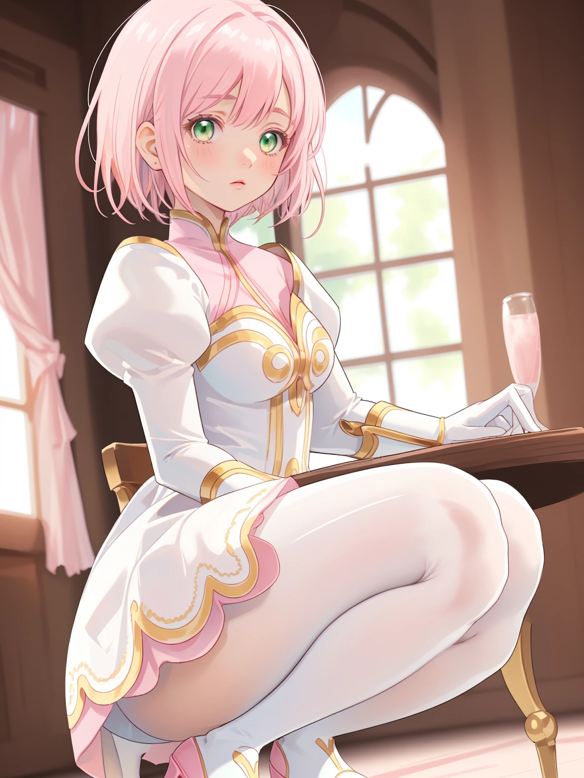masterpiece, Highest quality, alone, One Girl,Estellise Sidos Heurassein, Pink Hair, short hair, Green Eyes, Small breasts, White and pink dress, Glamorous Dress, Pink collar, Pink Skirt, White boots, White gloves, (Black Pantyhose, Black legwear:1.1)whole body, Little:5, cute, (Beautifully detailed face), (Beautiful attention to detail), (Beautiful detailed hair), squatting, ass pov