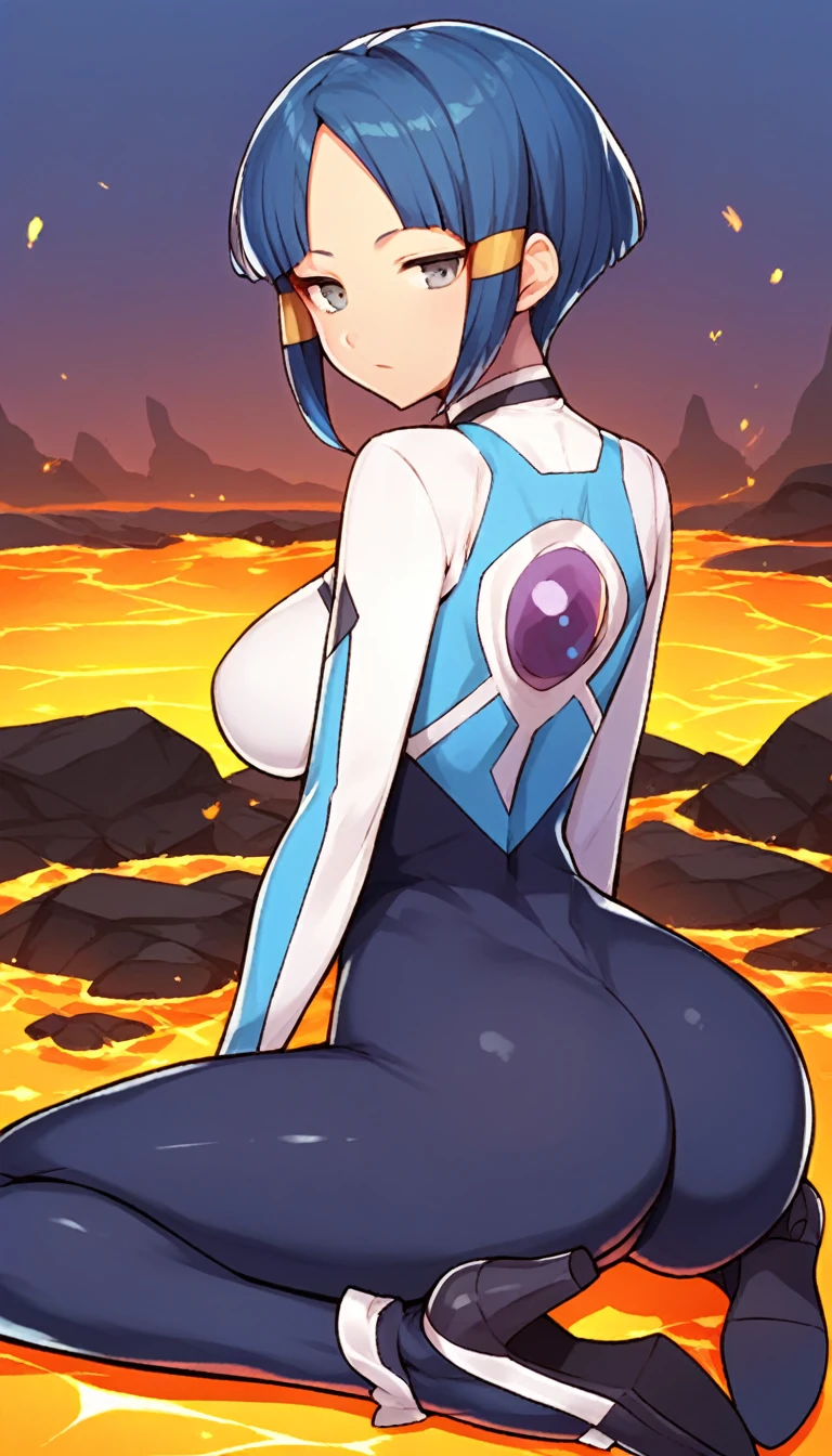 best quality,ultra detailed,solo,score_9, score_8_up, score_7_up, score_6_up, score_5_up, score_4_up, source_anime, 1girl, clara, blue hair, hair tubes, grey eyes, bodysuit,big breasts, sexy pose, (behind view,portrait),full body, sitting on lava,heavenly ass, heavenly breasts, big ass, no shoes, wearing dark heels, upset, cute, face, long legs, tight bodysuit, tight sleeves, dark bodysuit, half-closed eyes, backside, purple core