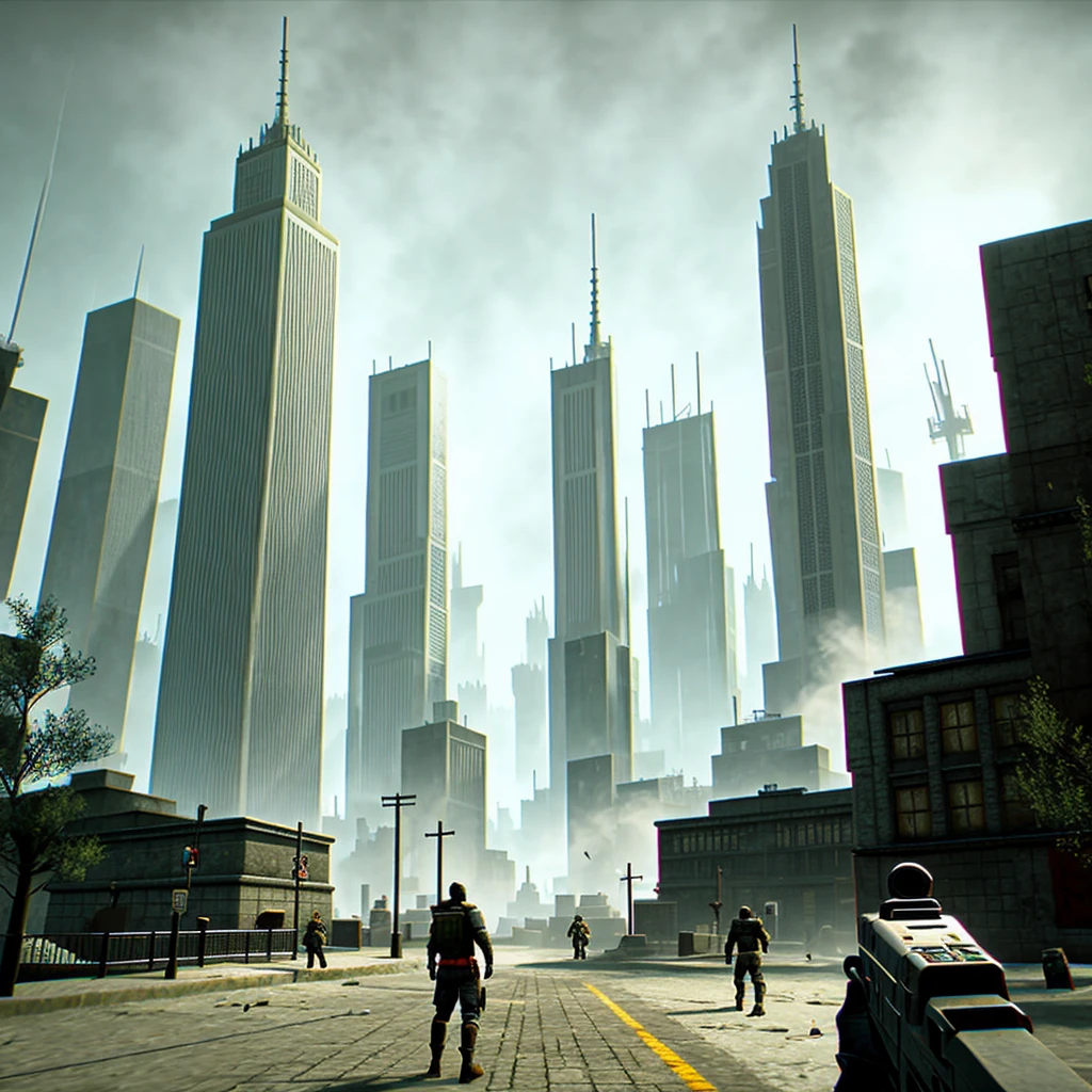a place similar to the game half-life 2 , square , high tower in the background , city.