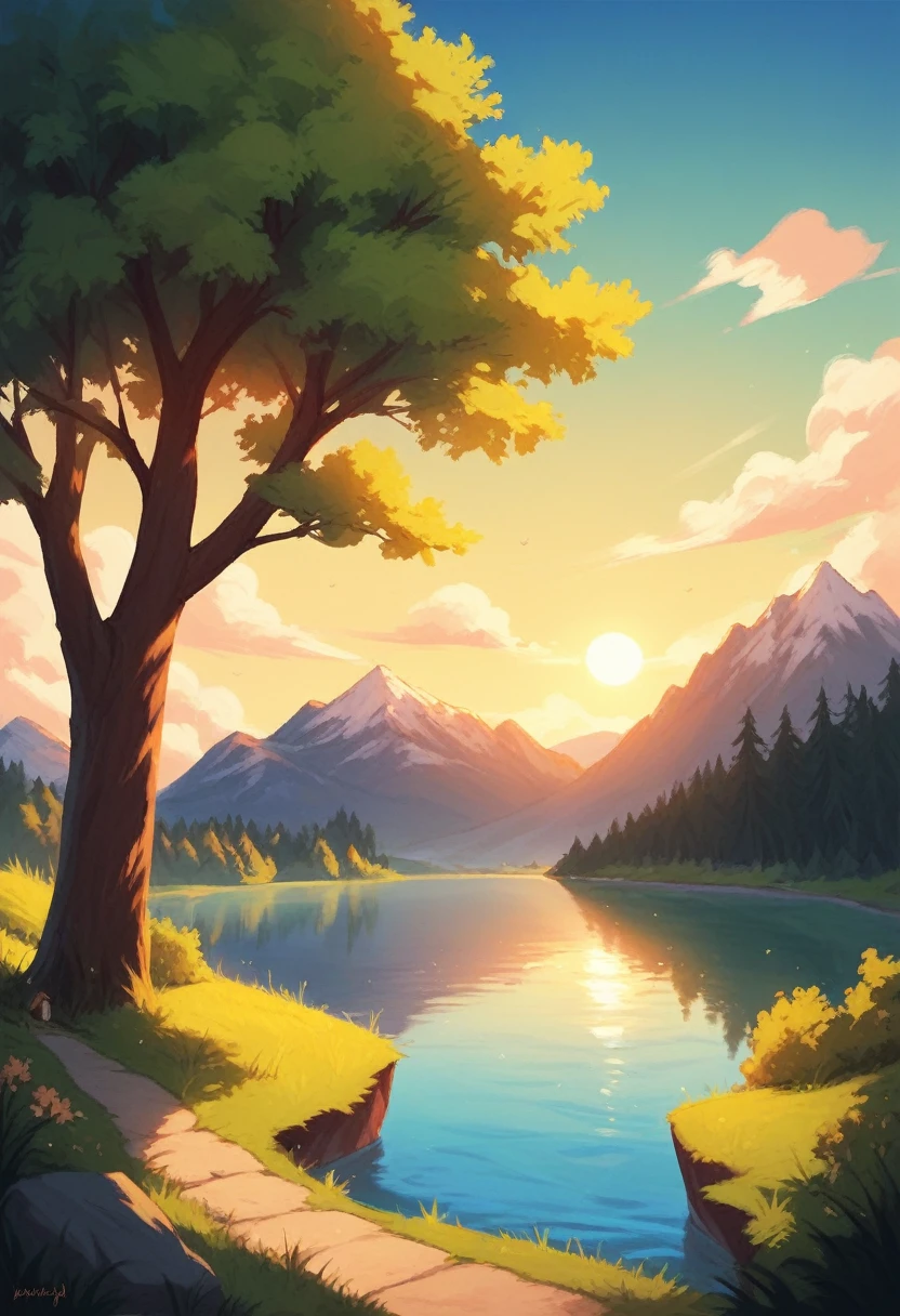 Sunset in a spring Season, scenery, Dreamy art, Nature, with Birch tree in the both sides, Beautiful sunset in a small mountain hill, Art style like alto's adventure.