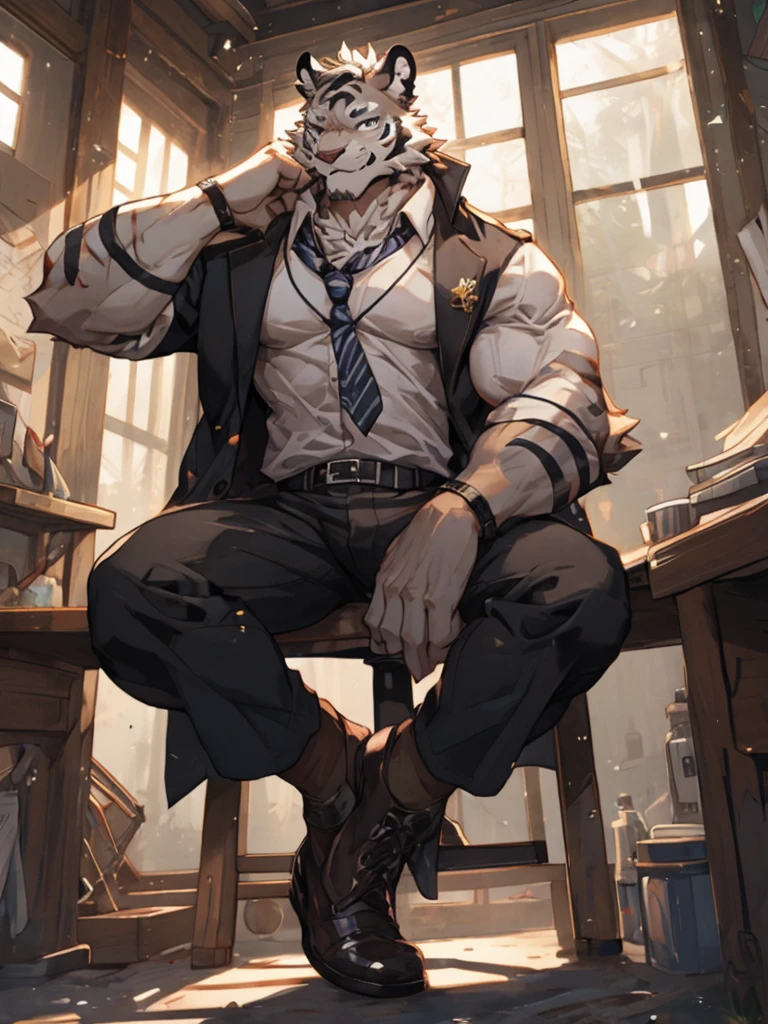 {{bara extremely handsome white tiger,}} {{white fur,}} white, wearing military like ornate trench coat, trousers, white dress shirt and necktie, white fluffy furry body and limbs, loafers, very tall, very broad shoulders, narrow waist, muscular arms, massive pecs, purple eyes, very long legs, sitting on swivel chair with legs spread, from below perspective, massive bulge, sophisticated hot look, sexy pose, full body, sunlight casting over, 3/4 view, best quality, high quality, silver earring on left ear, sultry smirk