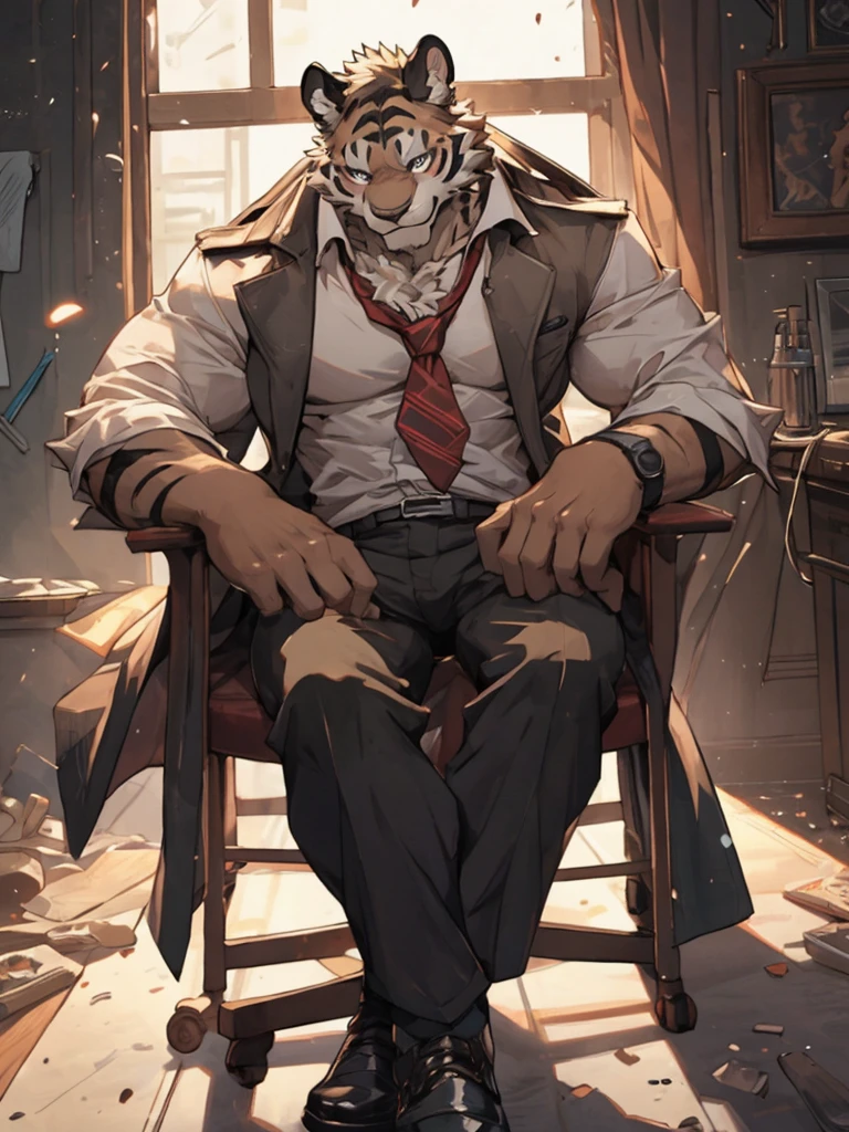 {{bara extremely handsome white tiger,}} {{white fur,}} white, wearing military like ornate trench coat, trousers, white dress shirt and necktie, white fluffy furry body and limbs, loafers, very tall, very broad shoulders, narrow waist, muscular arms, massive pecs, purple eyes, very long legs, sitting on swivel chair with legs spread, from below perspective, massive bulge, sophisticated hot look, sexy pose, full body, sunlight casting over, 3/4 view, best quality, high quality, silver earring on left ear, sultry smirk