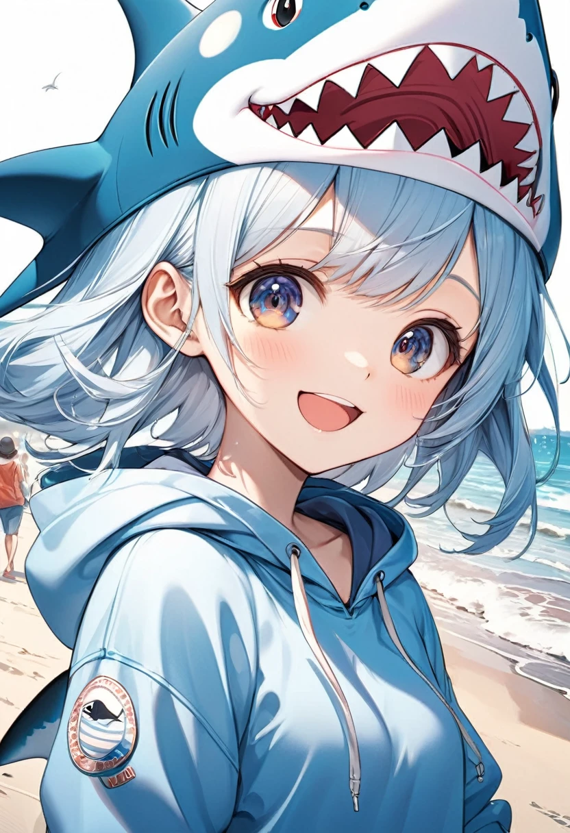 
         Cute light blue haired girl(Close)，Wearing a blue hoodie，shark head hat, Close-up shot of a happy and lively character standing on the beach( perfect anatomy ) 

                 Beautiful and extremely fine texture，detailed, bright, High-quality animation style presentation
