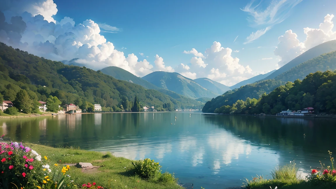 epic panoramic cityscape, lush green nature, vibrant pastel colors, warm sunny day, highly detailed, photorealistic, 8k, award winning, cinematic lighting, intricate architecture, beautiful skyline, serene lake, colorful flora, dynamic clouds, crystal clear water, stunning vistas, picturesque environment, masterpiece, artstation, concept art, professional photography,