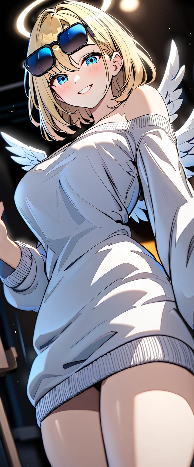 ((angel, big big white wings:1.3, halo:1.3)), ((from below)), (((sunglasses, hand to sunglasses))), (((cowboy shot))), archangel Uriel, ((wavy hair, inward curled hair)), evening, Sunset, ((blond hair, bob cut:1.3)), breasts, teenager, (looking at viewer), oversized clothes, puffy long sleeves, cleavage, ((off-shoulder sweater:1.3, Quite thick shoulder straps)), ((white sweater)), collarbone, head tilt:1.3, (((blue eyes))), ((happy smile)), (((anime style))), (best quality, 4K, 8K, highres, masterpiece:1.2, ultra-detailed, ultra-detailed eyes, HDR, uhd, studio lighting, ultra-fine painting, sharp focus, physically-based rendering, extreme detail description, professional, vivid colors, bokeh)