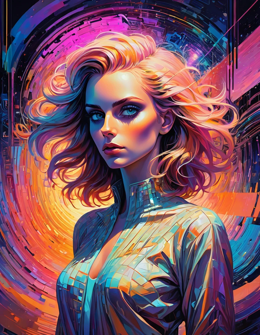 oil on canvas, muse of digital generative art, divine supernatural being, otherworldly beauty, unperturbed, in the background there is an abstract motif of digital code and glitch aesthetics., it appears from the void of diffusion, filled with photon energy, thick textured paint, neat style of writing, confusingly detailed, A true masterpiece, 8 k, HDR, bright neon colors combined with pastel tones, Minimalist, Atmosphere of the 80s, Scenic quality