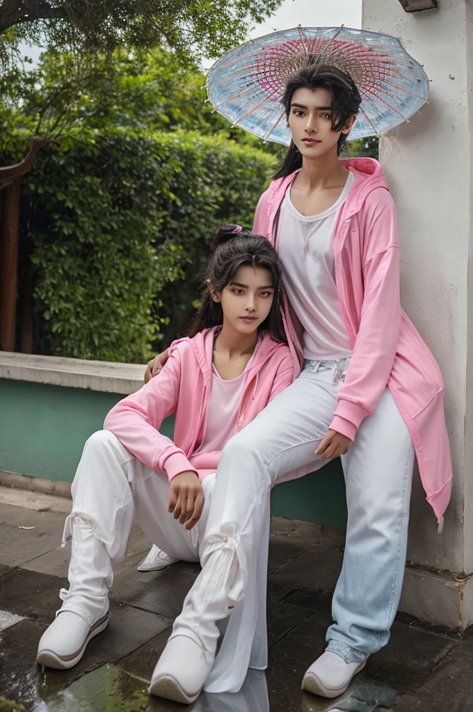 A real indian 16 year old cute boy Sitting on small
wall and hugging, with 16 years old cute girl body
happy standing, holding pink umbrella haven raining
a street, the boy is wearing pink hoodie clear written
bold nam "Divyansh"and girl wearing pink top and
jeans, phone, sunglsses girl looking at camera,
watch, stylish hair, girl white shoes, background big
road raining greentrees plants fields, creating a
whimsical atmosphere, 8k, RAW photo, best quality, masterpiece:1.4), ultra high res, (realistic, photo-realistic:1.48),
Highly Detailed Face and Skin Texture
