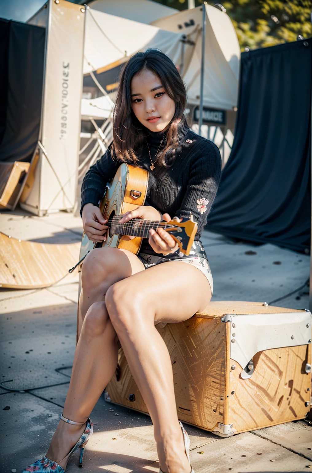 masterpiece, best quality, ultra detailed, high resolution, 1 girl, ((pretty lady MoonLay)), Burmese girl, ((pretty lady MoonLay's seductive sweet face with sweet smile:1.2)), ((playing guitar with sweet pose:1.6)), ((electric guitar)), ((big stage background:1.5)), (((background blur to highlight character:1.4))), golden hour setting, 8k, (black sweater turtleneck tight blouse), ((white ink flowers pattern printed on black mini tight skirt:1.3)), ((sitting and elegantly leg-crossed and knee over knee pose:1.5)), (stiletto high heel), ((full body view:1.6)), (vibrant HDR lighting),