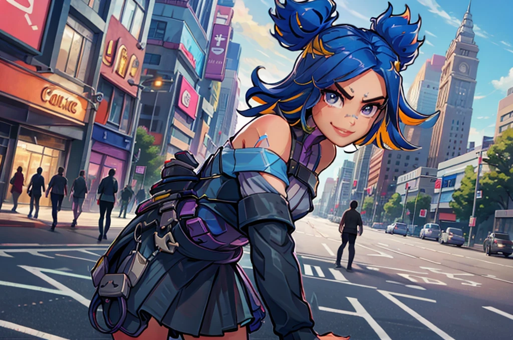 1girl, black_skirt, blue_hair, building, city, cityscape, hair_between_eyes, jacket, looking_at_viewer, medium_hair, multicolored_hair, multiple_boys, night, off_shoulder, outdoors, pleated_skirt, road, shirt, skirt, skyscraper, smile, solo_focus, street, white_shirt