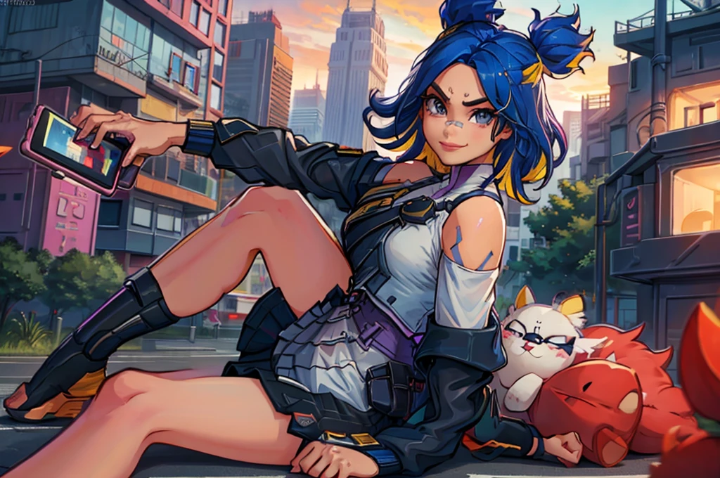 1girl, black_skirt, blue_hair, building, city, cityscape, hair_between_eyes, jacket, looking_at_viewer, medium_hair, multicolored_hair, multiple_boys, night, off_shoulder, outdoors, pleated_skirt, road, shirt, skirt, skyscraper, smile, solo_focus, street, white_shirt