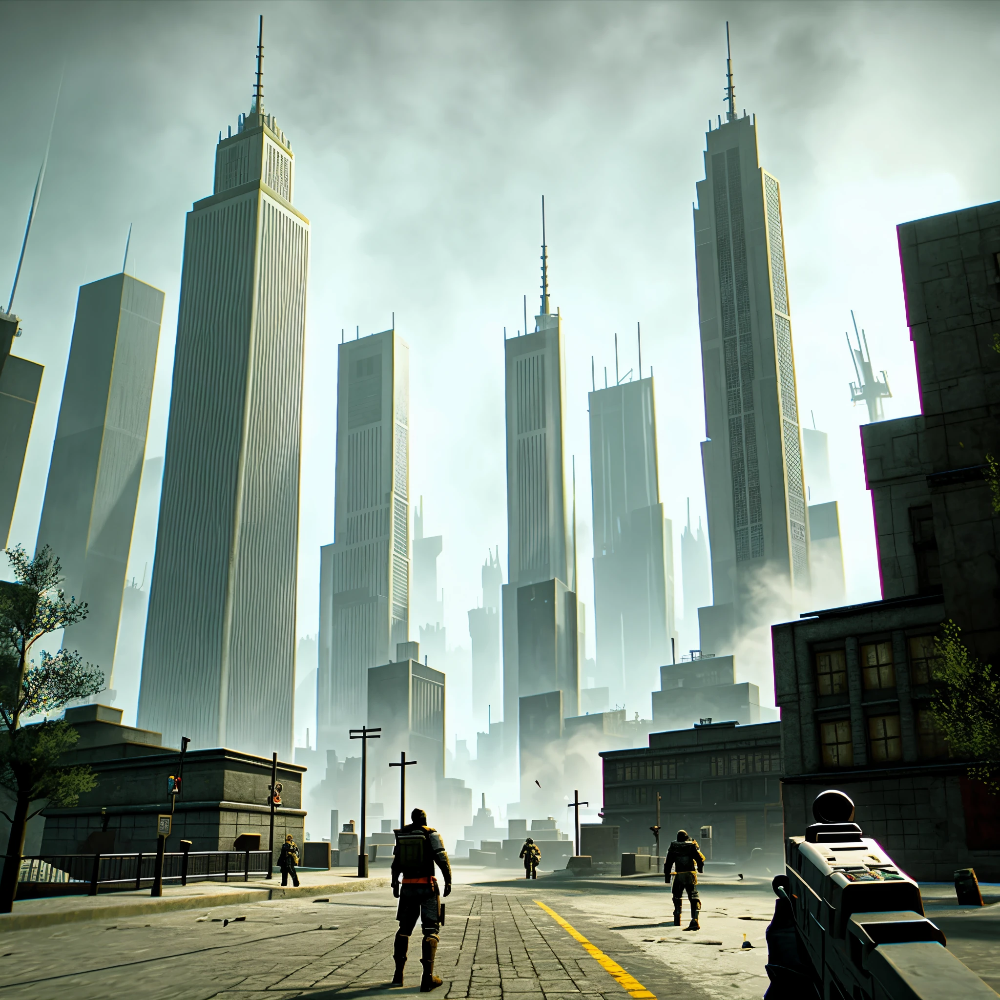 a place similar to the game half-life 2 , square , high tower in the background , city.