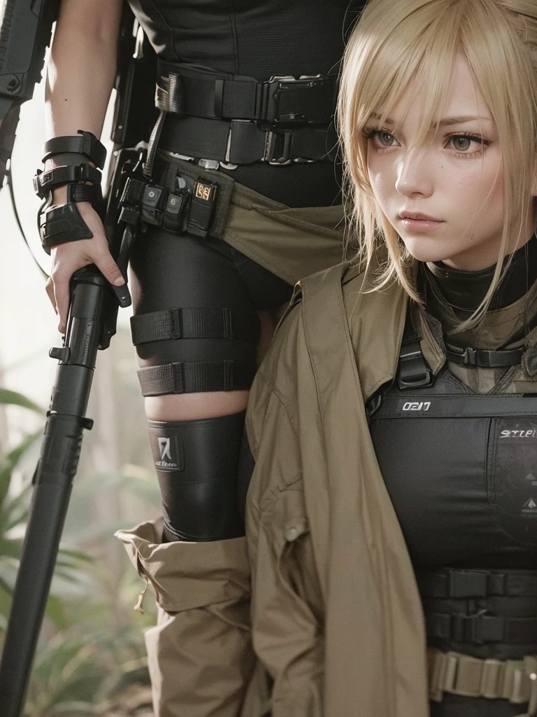 Metal Gear style photo, Quiet character, blonde hair in ponytail, athletic woman in tactical gear, black bikini top, tactical gloves and harness, utility belts, Jungle environment, rough terrain, daylight, high detail, 300mm telephoto, DSLR, professional photography, photo