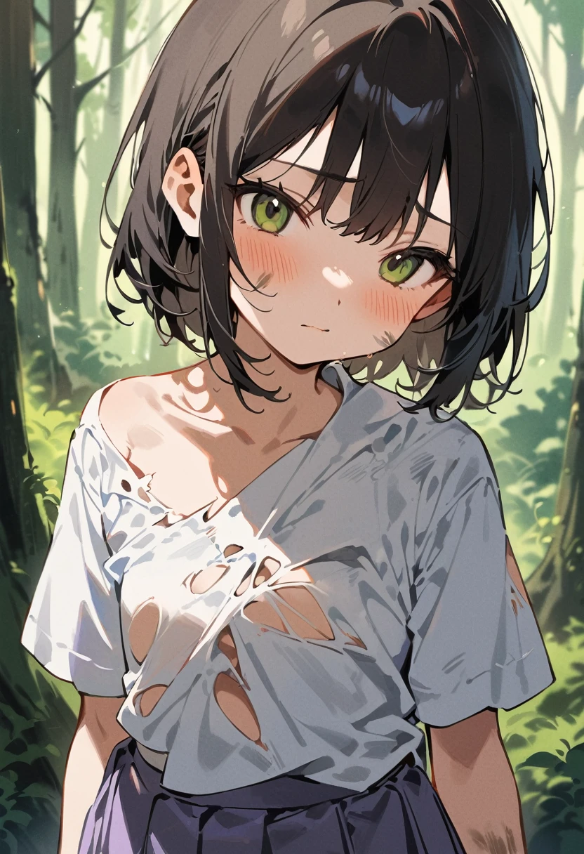 beautiful detailed girl,(masterpiece,best quality,extremely detailed:1.2),((cowboy shot:1.1)),(solo,,kawaii,slender,small breasts:1.25),(pained look:0.8),((white underwear) in ((Torn school uniform)):2),(dirty:2),blush,shy,weep,standing,(deep forest:1.5),(hug:0.4),rating: general, newest,Sexy face,(primitive:1.1)