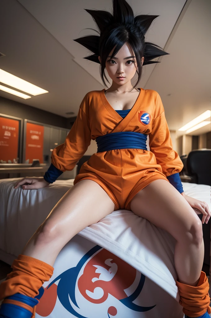 A fan of Goku. She's wearing Goku's outfit, has blonde hair,smooth and medium. She has a stuffed Goku bear with her always.. she is mad.