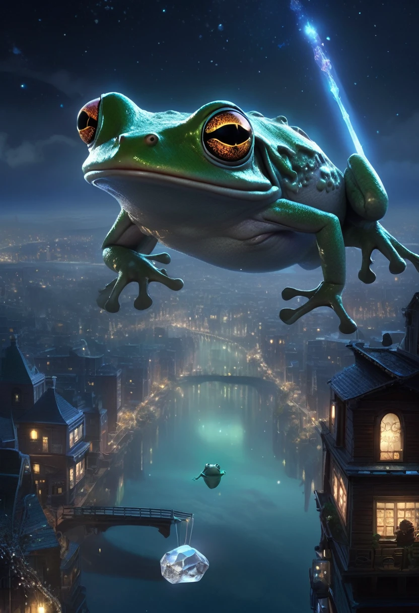 "A gigantic frog with a glowing, transparent crystal embedded in its back. Its eyes sparkle with countless stars, and it breathes a cold mist continuously. The frog flies slowly above a fog-covered city, reflecting the city lights to create a fantastical scene."