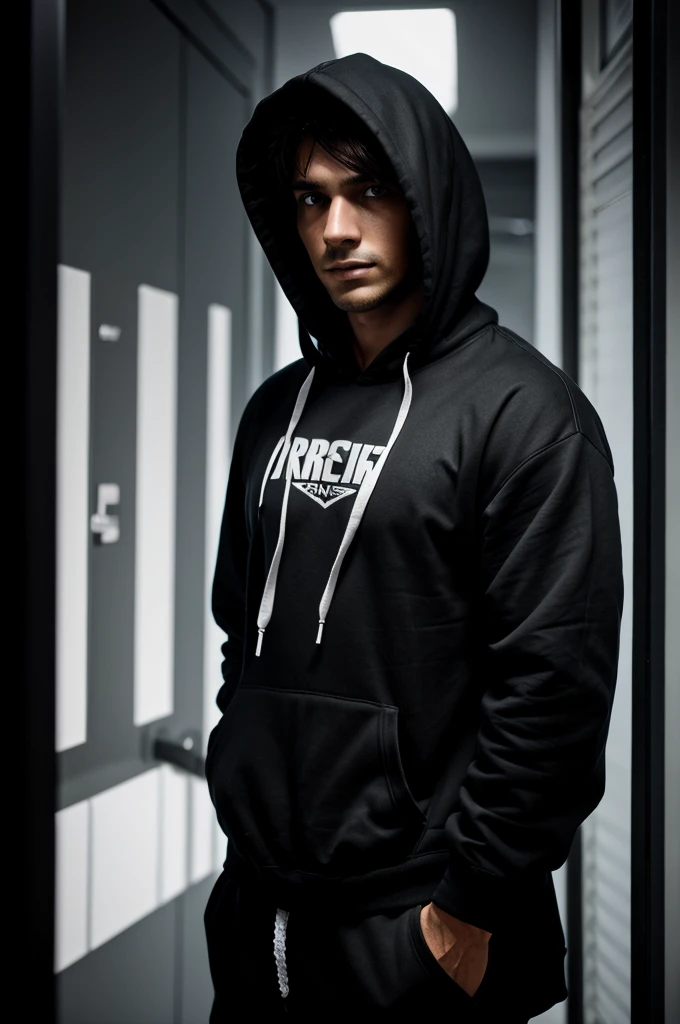 A dark image  with a guy wearing hoodie
