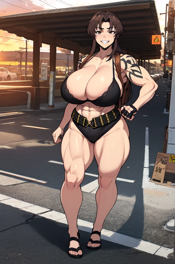 (masterpiece、highest quality:1.olo、anime woman、revue、grin and laugh、looking at the viewer、Are standing、long brown hair、brown eyes、ponytail、V-shaped eyebrow hair、white bra、collarbone、fingerless gloveini string 、belt、holster、strong muscles、big enormous massive gigantic breaan with very large enormous massive gigantic big large fat absurde breasts、cleuscular ng、Tattoo on the right shoulder、tall woman、toned body、muscular woman、Sidewalks in the city、sunset、chubby