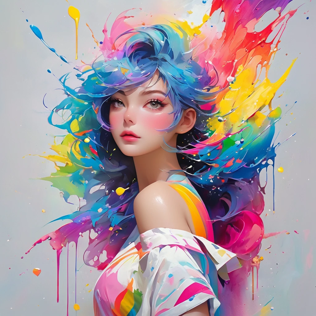 （Pink Fashion T-Shirt：1.9），(colorfulな髪: 1.8), (All the colors of the rainbow: 1.8),(((((vertical painting：1.6))), （painting：1.6），front, comics, figures, paintings, Big eyes, Clear eyes,（ Rainbow gradient high ponytail：1.7）, Exquisite makeup, Mouth closed,(Small Fresh: 1.5),(Wipe the chest: 1.6) ，Long eyelashes, White off-the-shoulder T-shirt, White shoulder shirt，Looking at the audience, Big teary eyes, (Rainbow Hair：1.6), カラーsplash, （alone：1.8）, カラーsplash, An explosion of colors, thick paint style, Messy Lines, ((The Shining))，(colorful), (colorful), (colorful), colorful, Thick paint Style, (splash) (Color splash), Vertical painting, Upper Body, paint splash, Acrylic Pigments, Slope, paint, Best image quality, Highest quality, masterpiece, alone, Depth of written boundary, Face paint, colorful clothes, (elegant: 1.2), nice,Long Hair, Wind, (elegant: 1.3), (petal: 1.4)，(((masterpiece))),(((Highest quality))),((Super detailed)),(figure),(Dynamic Angle),((floating)),(paint),((Disheveled Hair)),(alone),(One girl) , (((Detailed anima face))),((Beautifully detailed face)),collar,Bare shoulders,Gray Hair, ((colorful hair)),((Striped Hair)),Beautiful attention to detail,(Slope color eyes),(((colorful eyes))),(((colorful background))),(((High saturation))),(((surrounded by colorful splashes))),