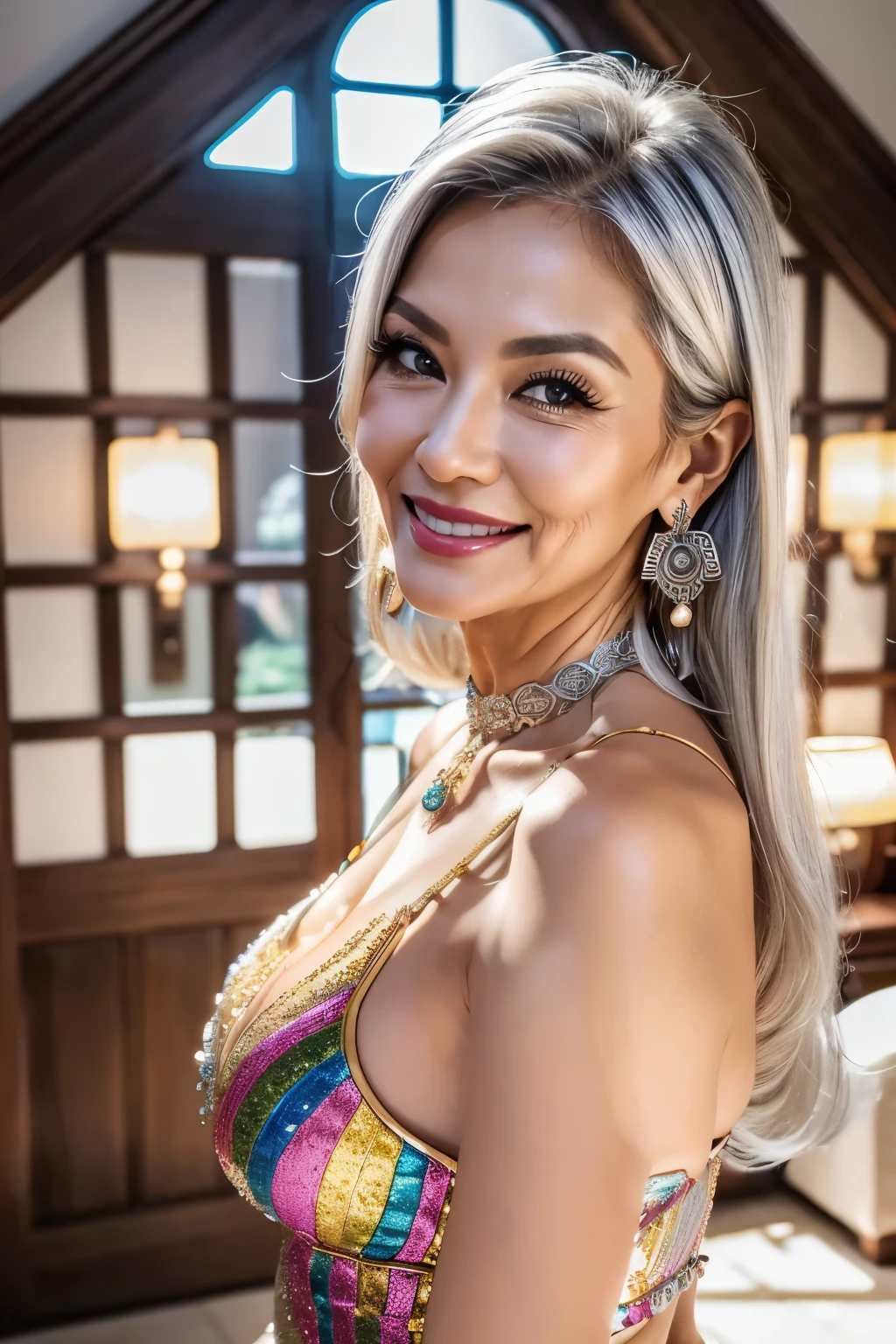 Portrait Style　75 years old　mom　milf　Korean, Lady　large earring　Big choker　navel piercing decoration　A bracelet　Silver Hair　realisitic　Gorgeous Madame Beautiful Mature Woman　sexly　Smile　Gentle woman navel piercing　４K　High quality 駅　home　crowd　Gorgeous Madame Beautiful Mature Woman