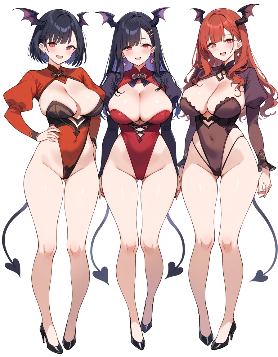 3 girls, variety of hairstyles, high fantasy costume, ((white background)), full body, multiple views, succubus,  thong, shrug, leotard, cleavage, short tie,