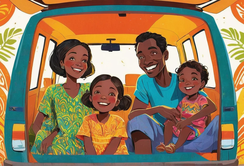 A family in a van, the father is driving, mother sits in the front while two children a girl and a boy sits at the back, excited, laughing. Inside a van. (African) (masterpiece best quality:1.2) delicate illustration ultra-detailed, detailed background, illustrations, bright, colourful, 