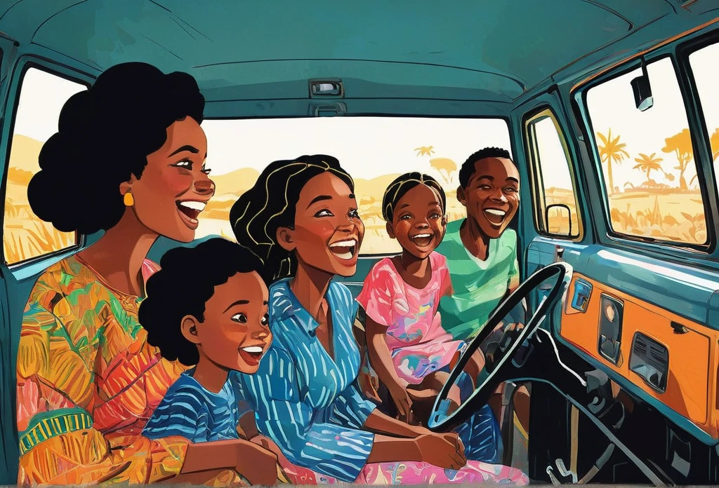 A family in a van, the father is driving, mother sits in the front while two children a girl and a boy sits at the back, excited, laughing. Inside a van. (African) (masterpiece best quality:1.2) delicate illustration ultra-detailed, detailed background, illustrations, bright, colourful,