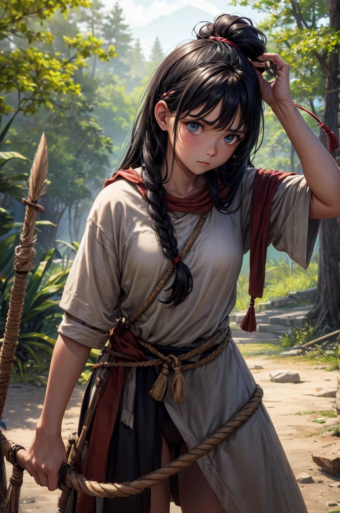 Best image quality, threaten, Holding a spear, primitive, Primary forest, In underwear, ""Primitive clothing"", woman, Black Hair, Tying up hair, paint