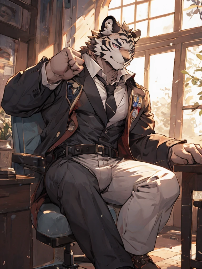 {{bara extremely handsome white tiger,}} {{white fur,}} white, wearing military like ornate trench coat, trousers, white dress shirt and necktie, white fluffy furry body and limbs, loafers, very tall, very broad shoulders, narrow waist, muscular arms, massive pecs, purple eyes, very long legs, sitting on swivel chair with legs spread, from below perspective, massive bulge, sophisticated hot look, sexy pose, full body, sunlight casting over, 3/4 view, best quality, high quality, silver earring on left ear, sultry smirk