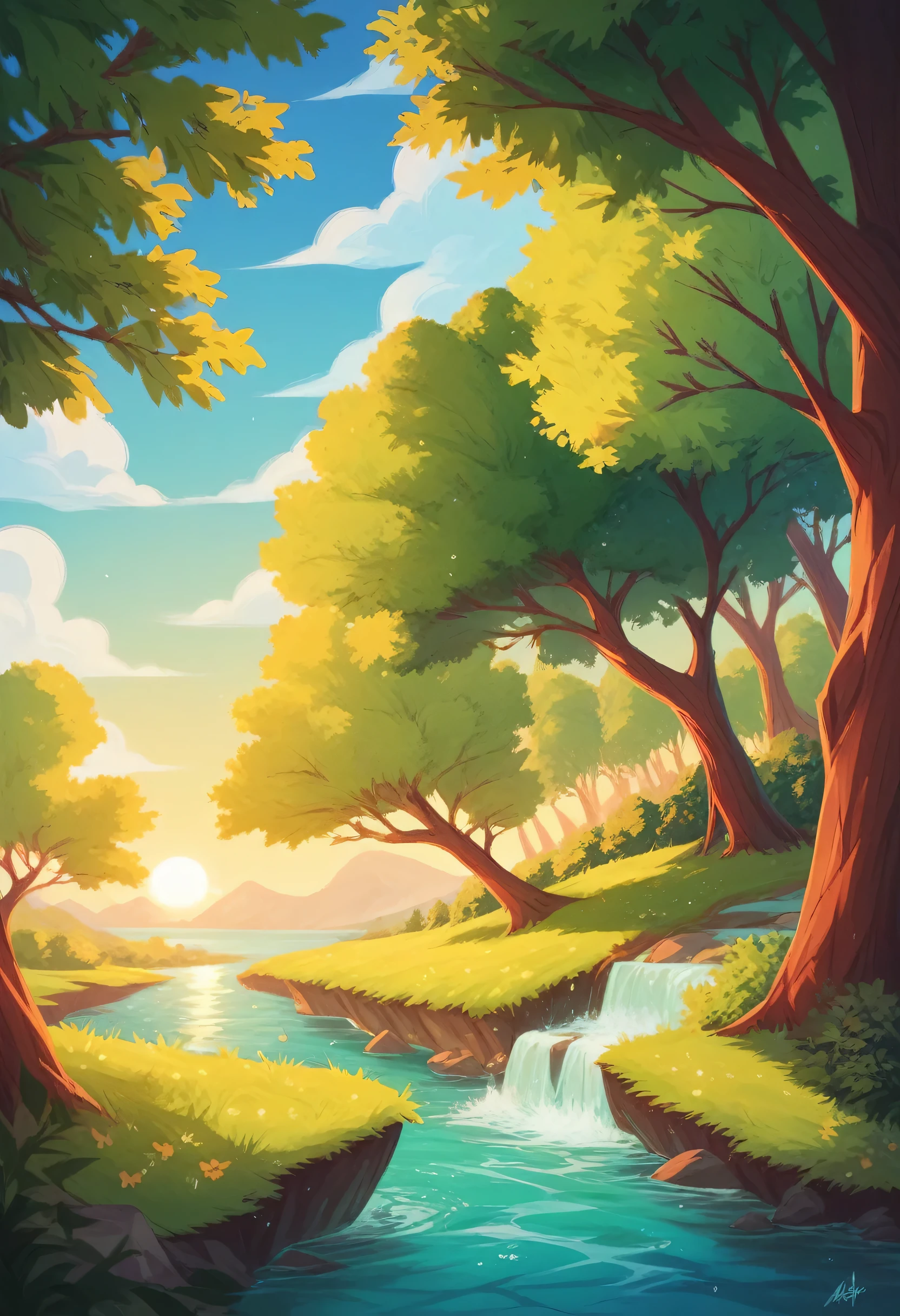 Sunset in a spring Season, scenery, Dreamy art, Nature, with Birchtrees in the both sides, Beautiful sunset in a small mountain hill, Art style like alto's adventure.