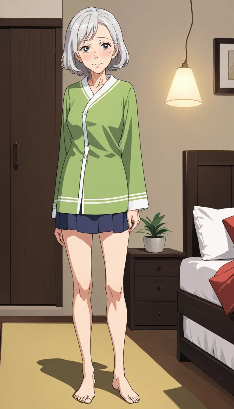 score_9,score_8_up,score_7_up, anime style, clear line, 1mature woman, solo, gilf, old skinny, full body and foot, old skin, 58 years old woman, in bedroom, ((without shoes )) in bedroom uniform