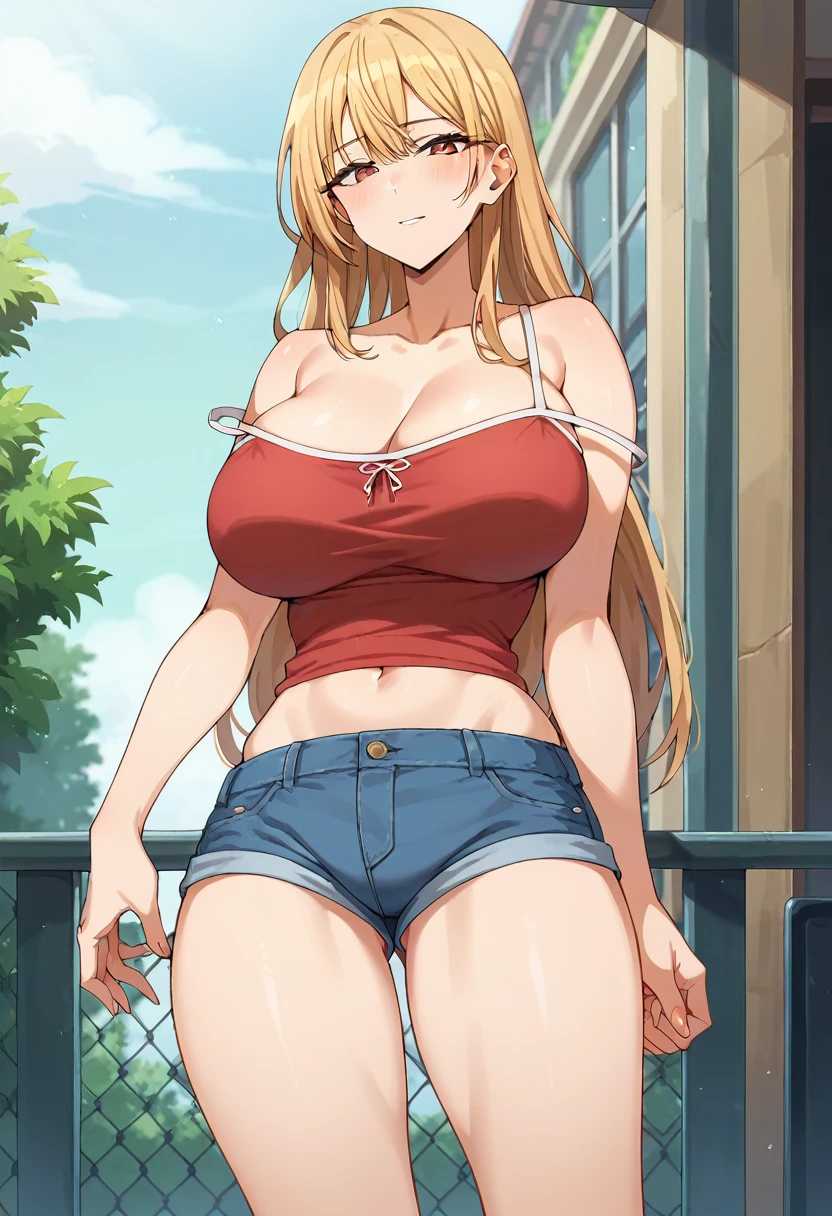 a very busty and sexy anime girl with big tits posing for something, 1girl, breasts, cleavage, long hair, solo, shorts, looking at viewer,, large breasts, short shorts, strap slip, bangs, bare shoulders, thighs, collarbone, very long hair, camisole, 