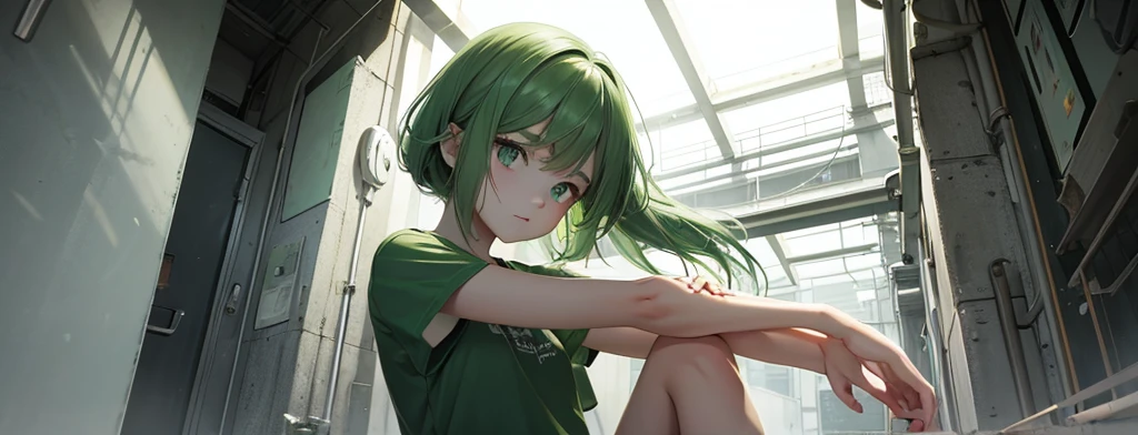 best quality, Ultra high resolution, 1 girl, green hair, green eyes, The body is short and thin., Wear a green shirt and shorts., ((Shy Expression)), rose field