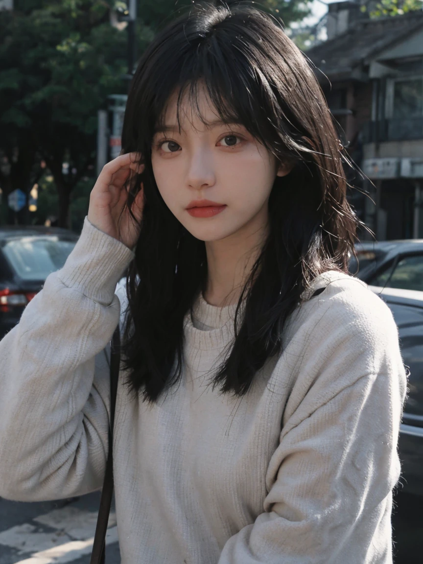 best quality， Ultra high resolution， （realistically：1.4）， Woman with long black hair and a gray sweater, The shot in the middle of the scene is, in the sunlight，she has black hair，By Bang, Cute young Korean face, wan&#39;s Korean face is so cute, Ulzzang, Shin Jinying, beautiful beautiful face, Korean facial features, Played by Liu Li Ji Eun ，ใบหน้าที่สวยงามrealistically