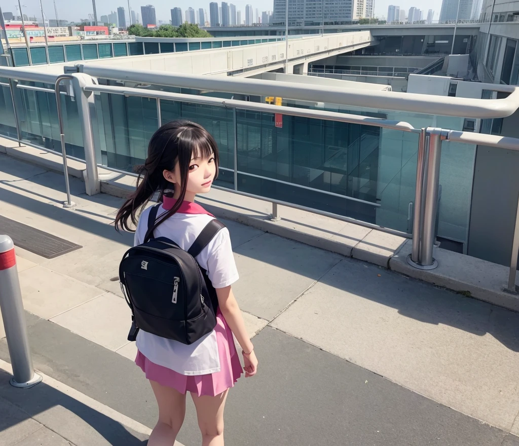 Vision,New City Sea animation style,Chinese female high school student,Graduated from high school,Looking back at a boy walking out of the school