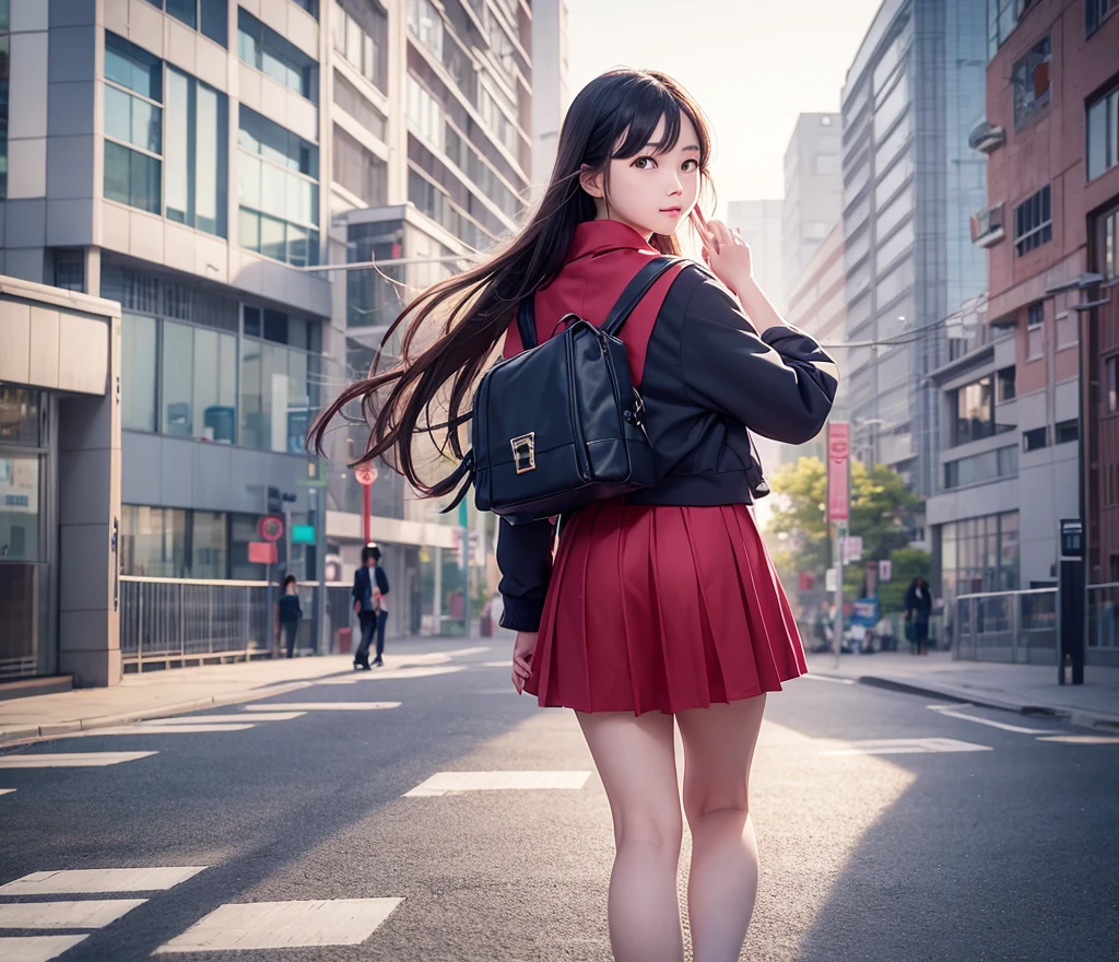 Vision,New City Sea animation style,Chinese female high school student,Graduated from high school,Looking back at a boy walking out of the school