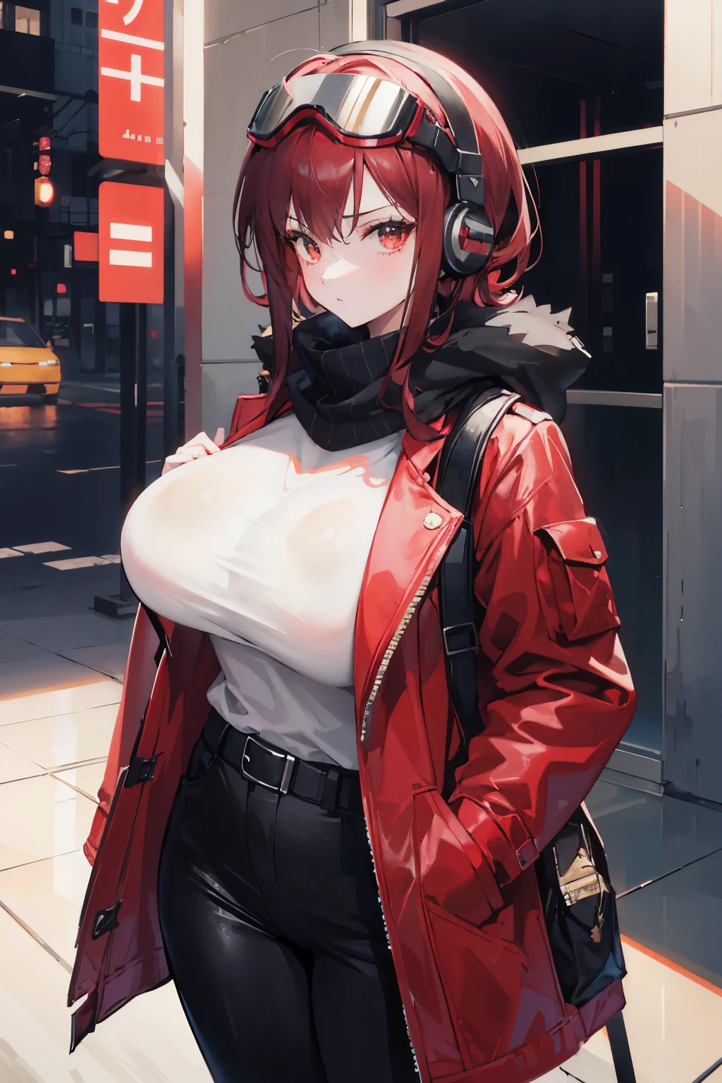 tall cute woman, massive breasts, wearing an opened red jacket with nothing underneath and black pants, She has short dark red hair and wears a striped red and black scarf, also wearing red headphones and a utility belt slinged across her shoulder she is also wearing ski goggles on her head. She has a cold stern look on her face and her arms behind her back. Rainy dark background,