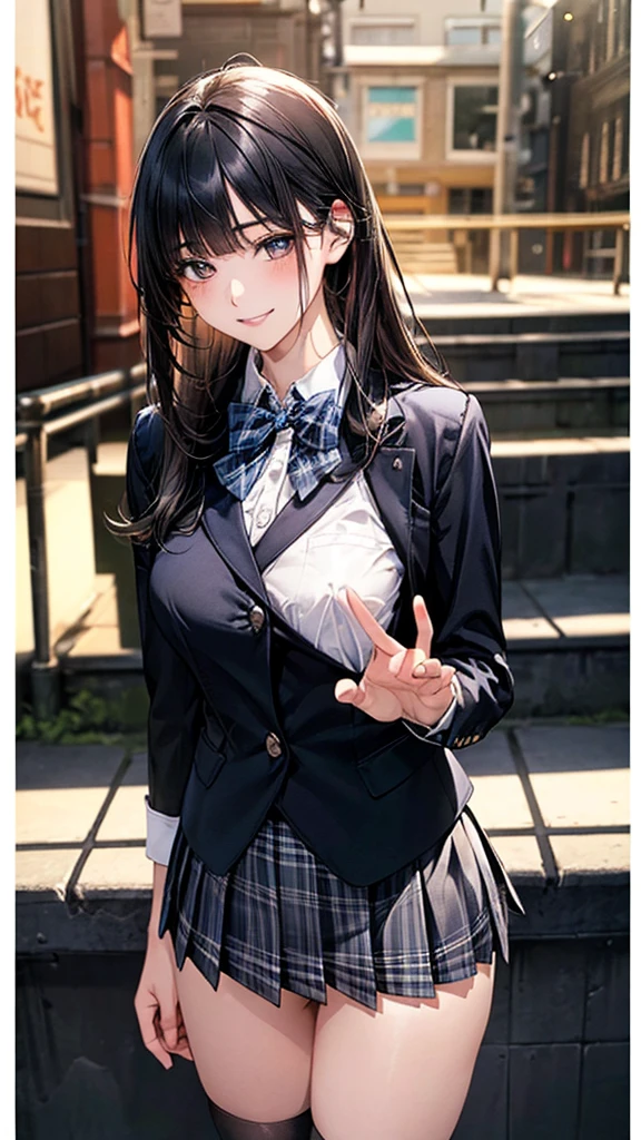 (masterpiece:1.2, top-quality), (realistic, photorealistic:1.4), beautiful illustration, (natural side lighting, movie lighting), nsfw,
looking at viewer, cowboy shot, front view:0.6, 1 girl, japanese, high school girl, perfect face, cute and symmetrical face, shiny skin,
(long hair:1.8, straight hair:1.7, black hair), blunt bangs, gold eyes, long eye lasher, (large breasts:0.8, thick thighs),
beautiful hair, beautiful face, beautiful detailed eyes, beautiful clavicle, beautiful body, beautiful chest, beautiful thigh, beautiful legs, beautiful fingers,
((white collared shirts, black jacket, dark grey pleated mini skirt, black socks, black loafers, blue plaid bow tie)),
(beautiful scenery), evening, riverside, standing, (half-closed eye,lovely smile, upper eyes), naked nude nipples vagina