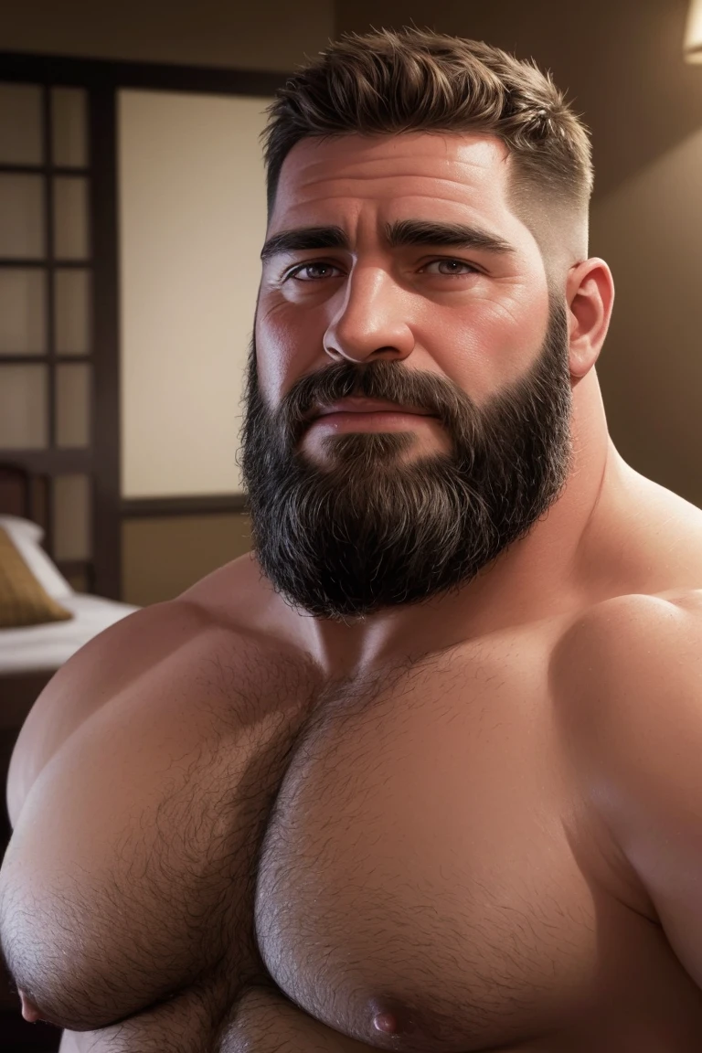 8KUHD Very Extremely Realistic Very Detailed High Quality Create a professional studio-style photograph featuring two middle-aged daddy muscle bears , burly, hairy, beared big daddy bear,  and very realistic detailed rugged burly man and his husband in shorts. beards, very realistic hair, very realistic beards, very realistic thick chubby neck, very realistic neck lines, very realistic detailed neck, very realistic belly, very realistic burly chest, very realistic burly strong chest and arms, very realistic detailed hairy burly chest and arms, very realistic pecs, very realistic burly body, very realistic nipples, very realistic burly body, very realistic face, very realistic detailed face, very realistic eyes, very realistic detailed eyes, very realistic pupils, very realistic detailed pupils, very realistic nose, very realistic ears, very realistic facial features, very realistic burly arms, very realistic elbows, very realistic hands, very realistic wrists, very realistic fingers, very realistic fingernails, very realistic shoulders, very realistic mouth, very realistic lips, very realistic detailed skin, very realistic skin, very realistic mens clothing, very realistic detailed mens clothing. A very realistic man and his husband are kissing and loving each other in the bedroom, very realistically detailed kissing and loving each other in the bedroom, in a very realistic romantic and virile bedroom scene. Very Realistic Intricately Detailed, Utilize all appropriate realistic lighting techniques for studio photography" very realistic detailed bedroom surroundings, very realistic surroundings lighting, No Deformities, Very Ultra Realistic and Detailed Photograph, Clear HDR Quality 