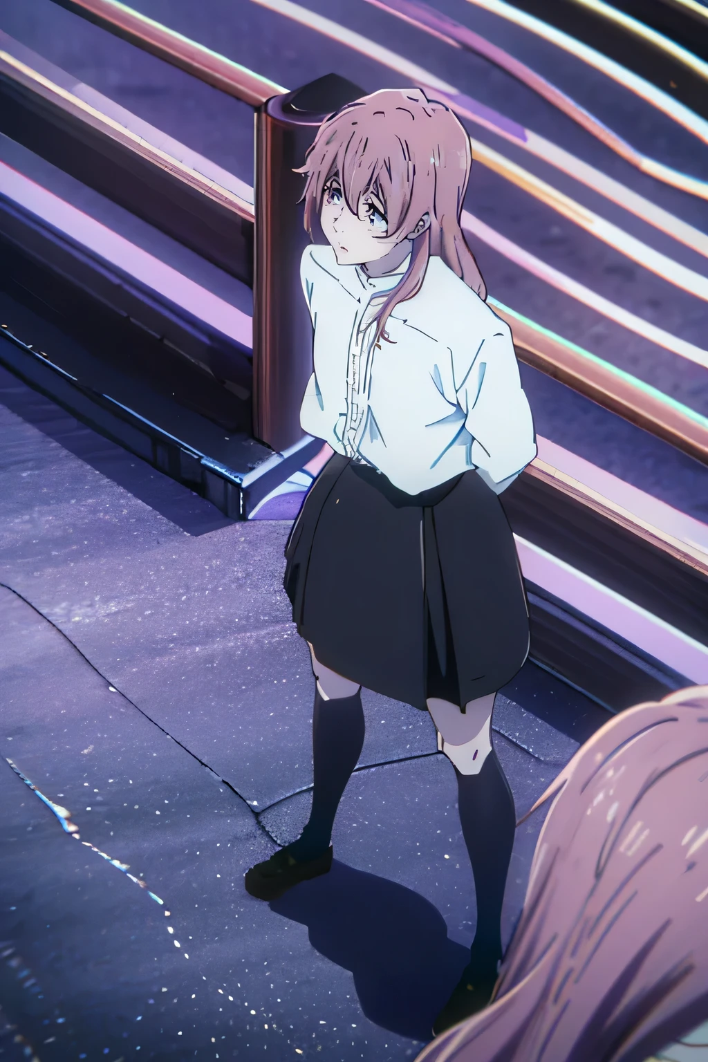 masterpiece，best quality，A girl，Nishimiya Shoko，Keep your legs together，Stand in the middle of the city，gentle，Put your hands behind your back，Pink Hair，Long hair，Blue purple skirt，White shirt，Black socks covering the legs，Brown shoes