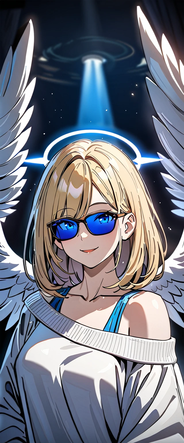 ((angel, big big white wings:1.3, halo:1.3)), ((from below)), (((sunglasses, hand to sunglasses))), (((cowboy shot))), archangel Uriel, ((wavy hair, inward curled hair)), evening, Sunset, ((blond hair, bob cut:1.3)), breasts, teenager, (looking at viewer), oversized clothes, puffy long sleeves, ((off-shoulder sweater:1.3, Quite thick shoulder straps)), ((white sweater)), collarbone, head tilt:1.3, (((blue eyes))), ((happy smile)), (((anime style))), (best quality, 4K, 8K, highres, masterpiece:1.2, ultra-detailed, ultra-detailed eyes, HDR, uhd, studio lighting, ultra-fine painting, sharp focus, physically-based rendering, extreme detail description, professional, vivid colors, bokeh)