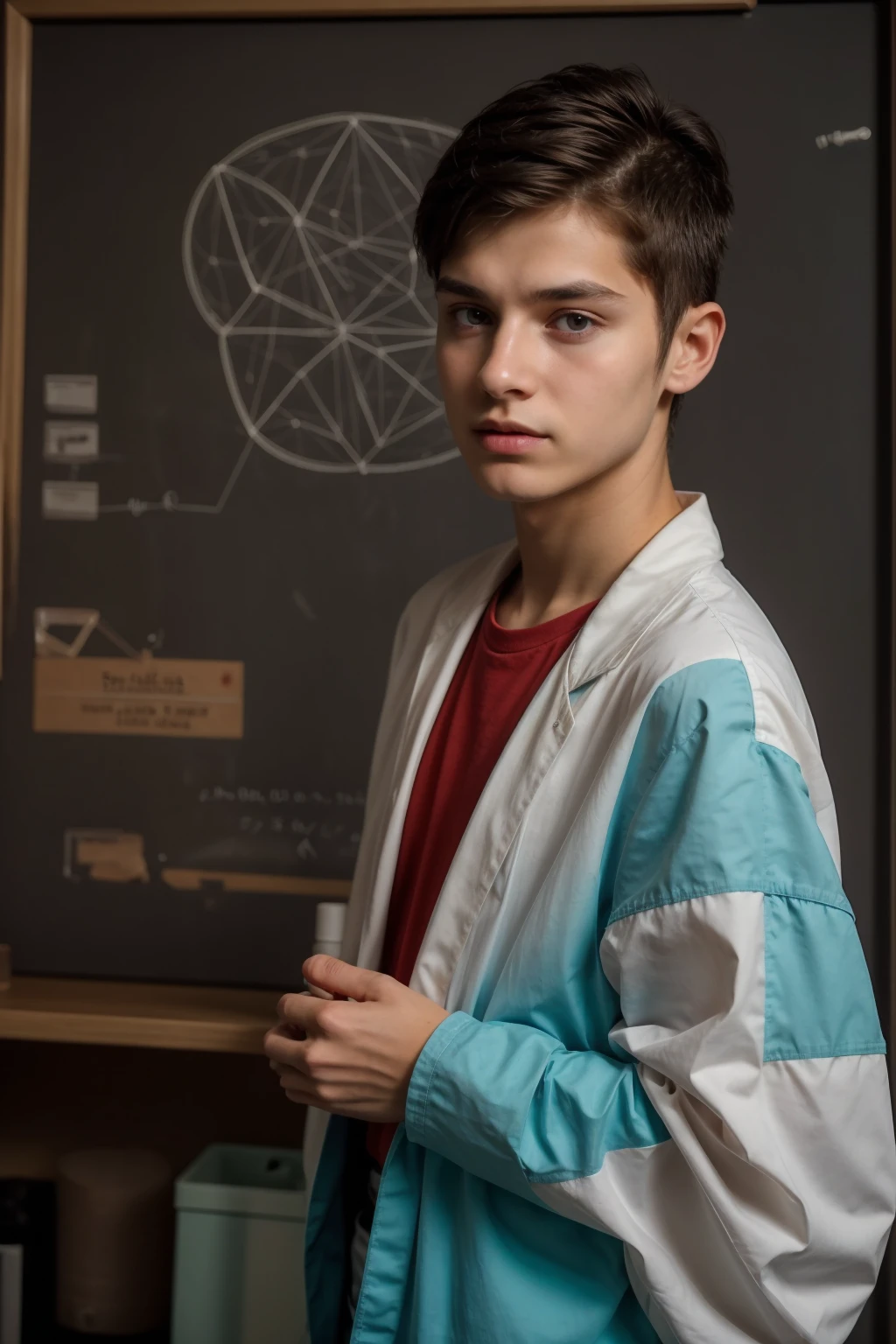 A beautiful young male twink with a face with reddish makeup. He has black hair. He is wearing a white, long-sleeved shirt and aqua blue pants. He is in his scientific office, and behind him is a blackboard on which is written the shape of the brain and its anatomy, accurately and in detail. He looks in amazement and shock He looks on proudly