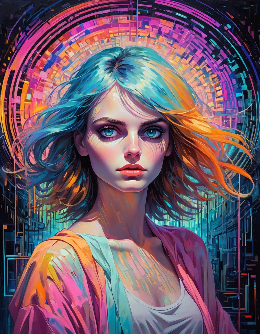 oil on canvas, muse of digital generative art, divine supernatural being, otherworldly beauty, unperturbed, in the background there is an abstract motif of digital code and glitch aesthetics., it appears from the void of diffusion, filled with photon energy, thick textured paint, neat style of writing, confusingly detailed, A true masterpiece, 8 k, HDR, bright neon colors combined with pastel tones, Minimalist, Atmosphere of the 80s, Scenic quality