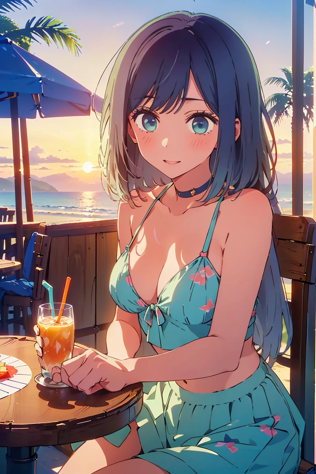 (Highest quality:1.4、masterpiece:1.4、Super detailed:1.4、8K:1.4)、Slim body、((((1 person、Surprised expression、sit、Outdoor café terrace、coastal、juice、table、Sandy Beach、bikini、juiceのグラスを持つ、Big eyes、Shallow depth of field、Very cute face))))、(((sunset、Sunset)))、(((bikiniサイズは小さい、bikiniを脱ぐ)))、F cup bust、Big Breasts、Get up close and take a photo